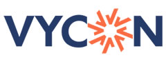 Vycon logo featuring bold blue text and an orange starburst design in the center.