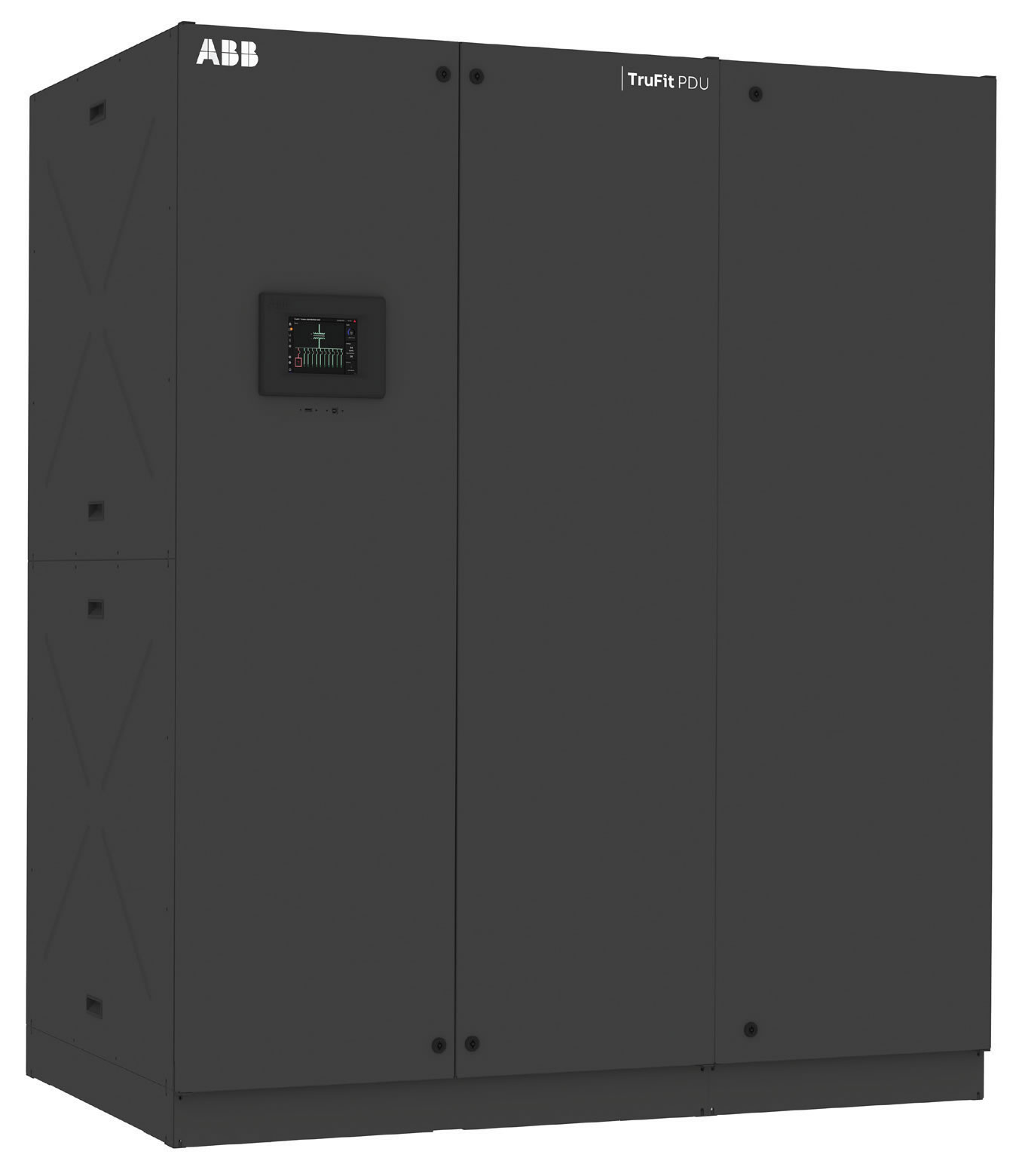 Large black ABB TruFit PDU with control panel, ideal for electrical power distribution systems.