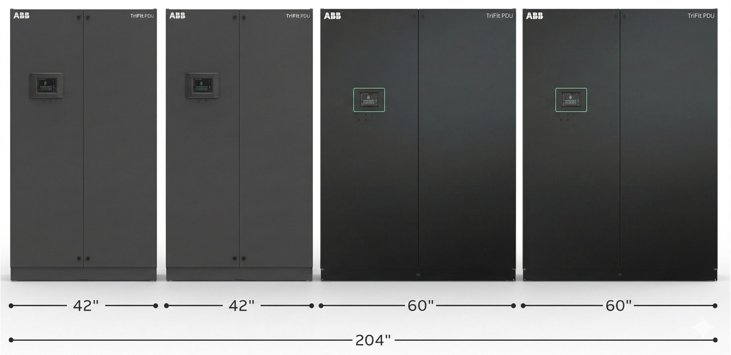 Four black ABB TriFit PDU units side by side, dimensions: 42, 42, 60, 60 totaling 204 in width.