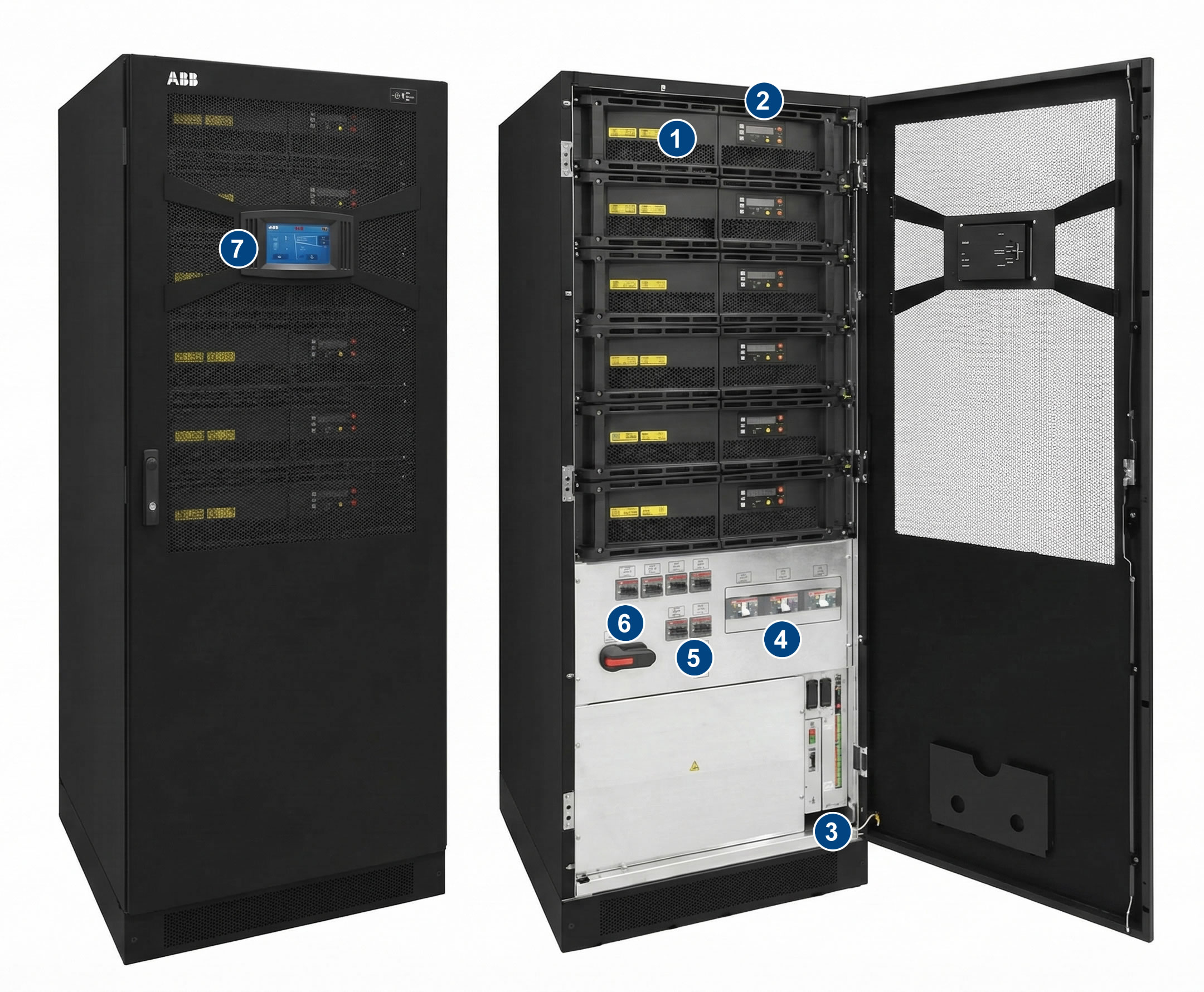 Front and open view of a black server cabinet with visible components and control panel for data center management.