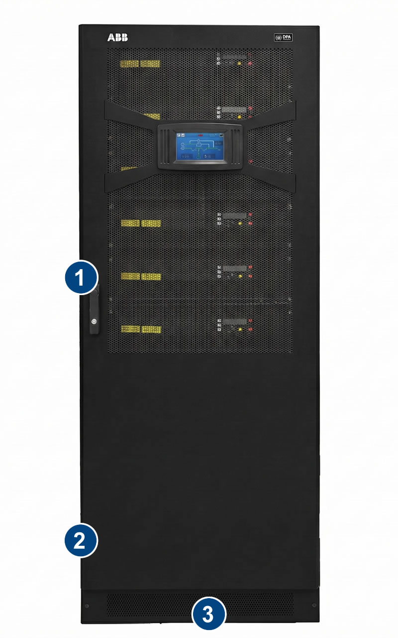Black ABB UPS unit with digital display, grid-like vent, and numerical labels on the door, used for power backup.