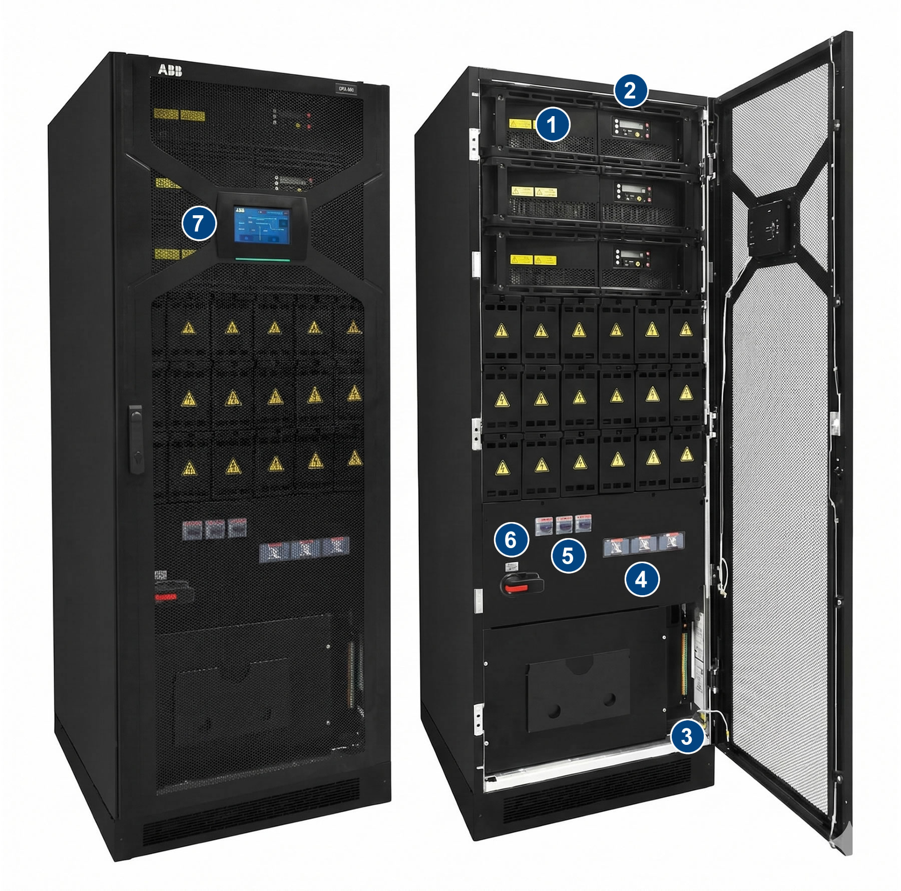 Data center UPS system with open door, showing battery modules, control panels, and power management components.