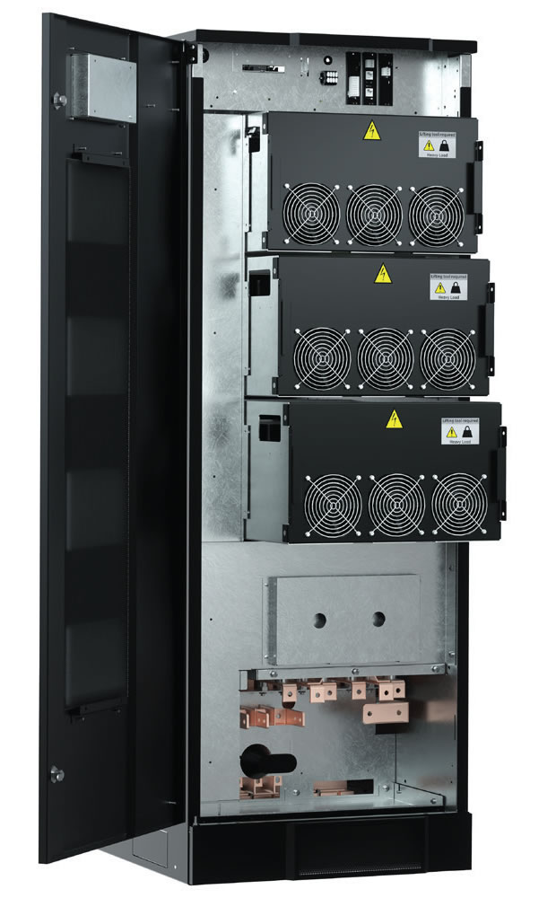 Open electrical cabinet with cooling fans, safety warnings, and internal components.