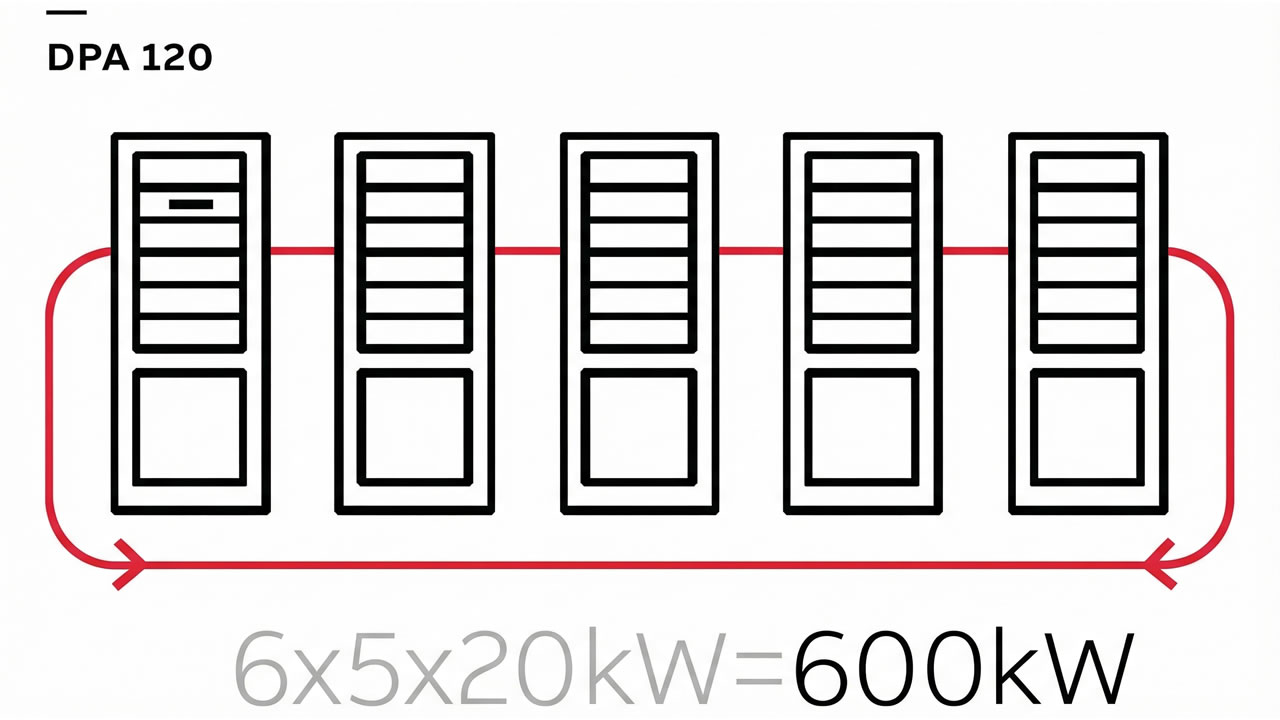Data center cooling system diagram with five server racks, illustrating DPA 120 model at 600kW capacity.