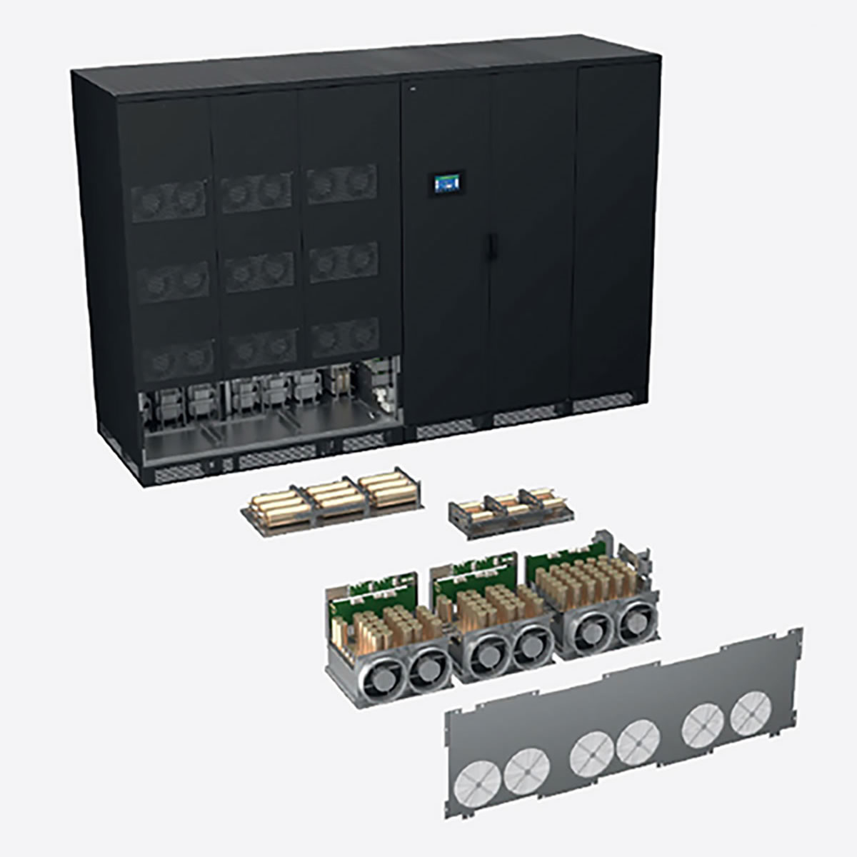 Large black server cabinet with cooling units and electronic components on display on a white background.